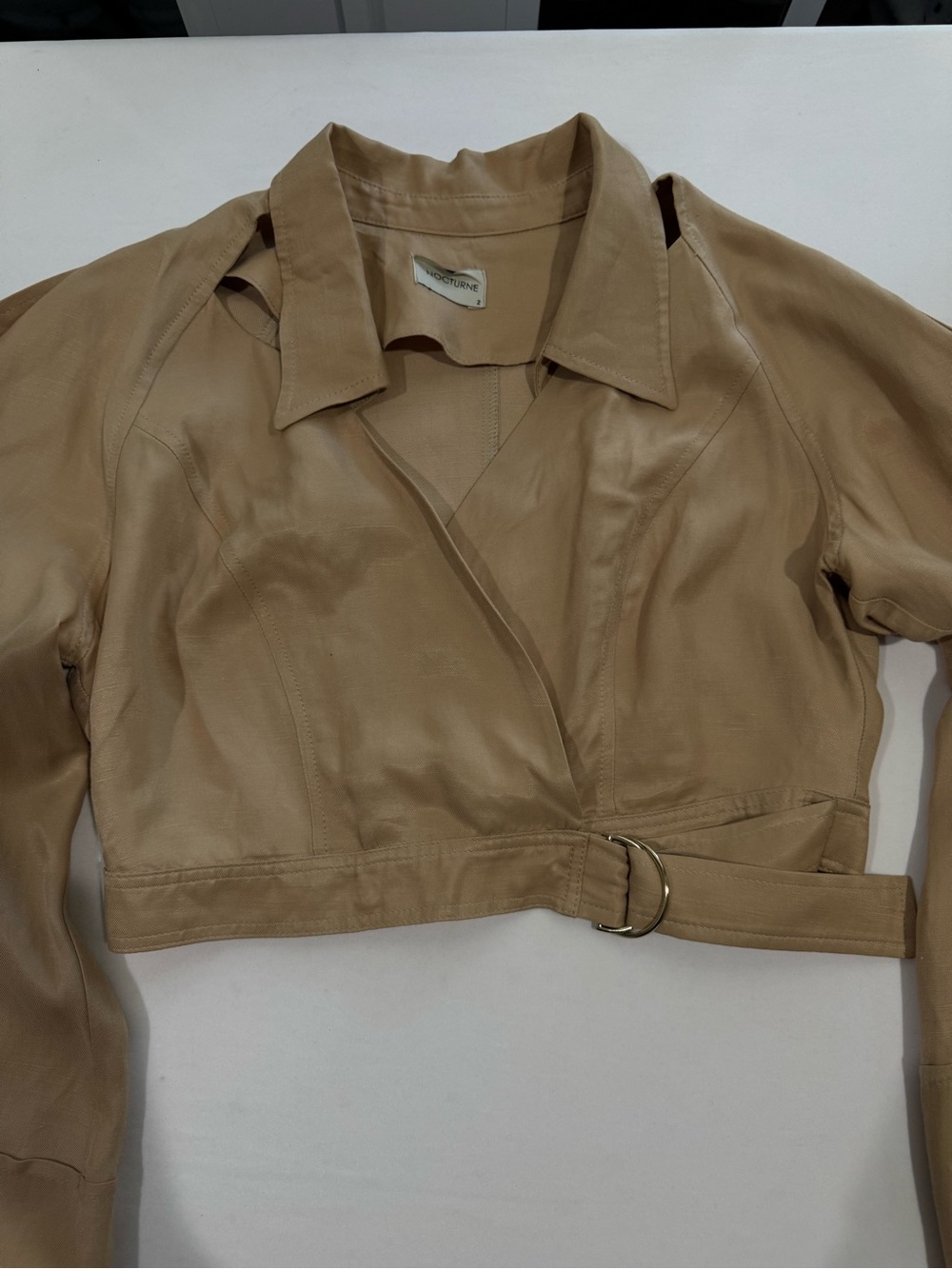 NOCTURNE Beige Cropped Wrap Jacket Linen Blend Open Shoulder Belted Size 2 - Picture 6 of 15